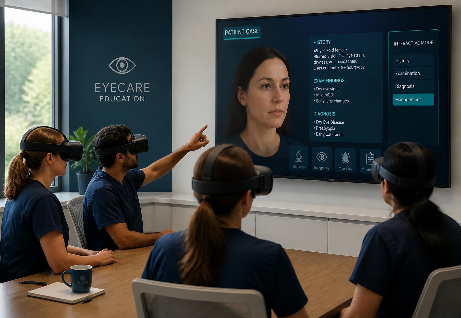 Deelnemers bekijken een virtuele patiëntencasus via VR-brillen tijdens een oogzorgtraining